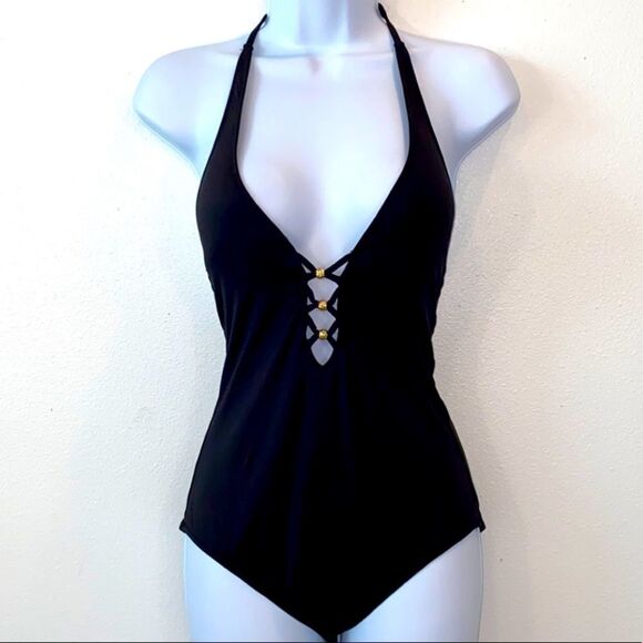 Trina Turk Algiers V-Plunge Embellished One- Piece Black Swimsuit TT0722 - Picture 3 of 16